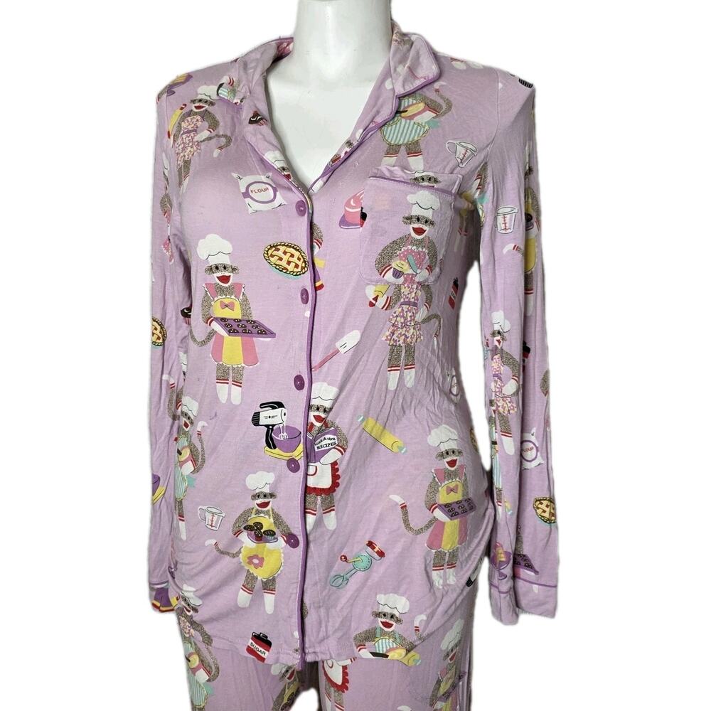 Nick & Nora Sock Monkey Baking Pajama Set Long Sleeve Top & Pants, sz Medium